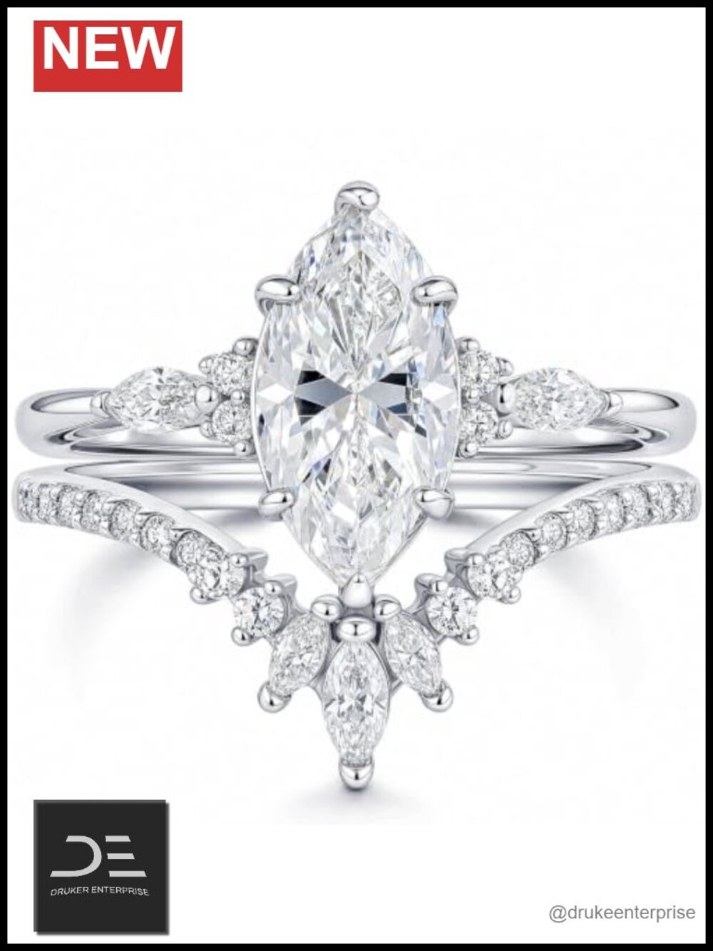 925 Sterling Silver Moissanite Bridal Ring Set Marquise D Color VVS1 Art Deco